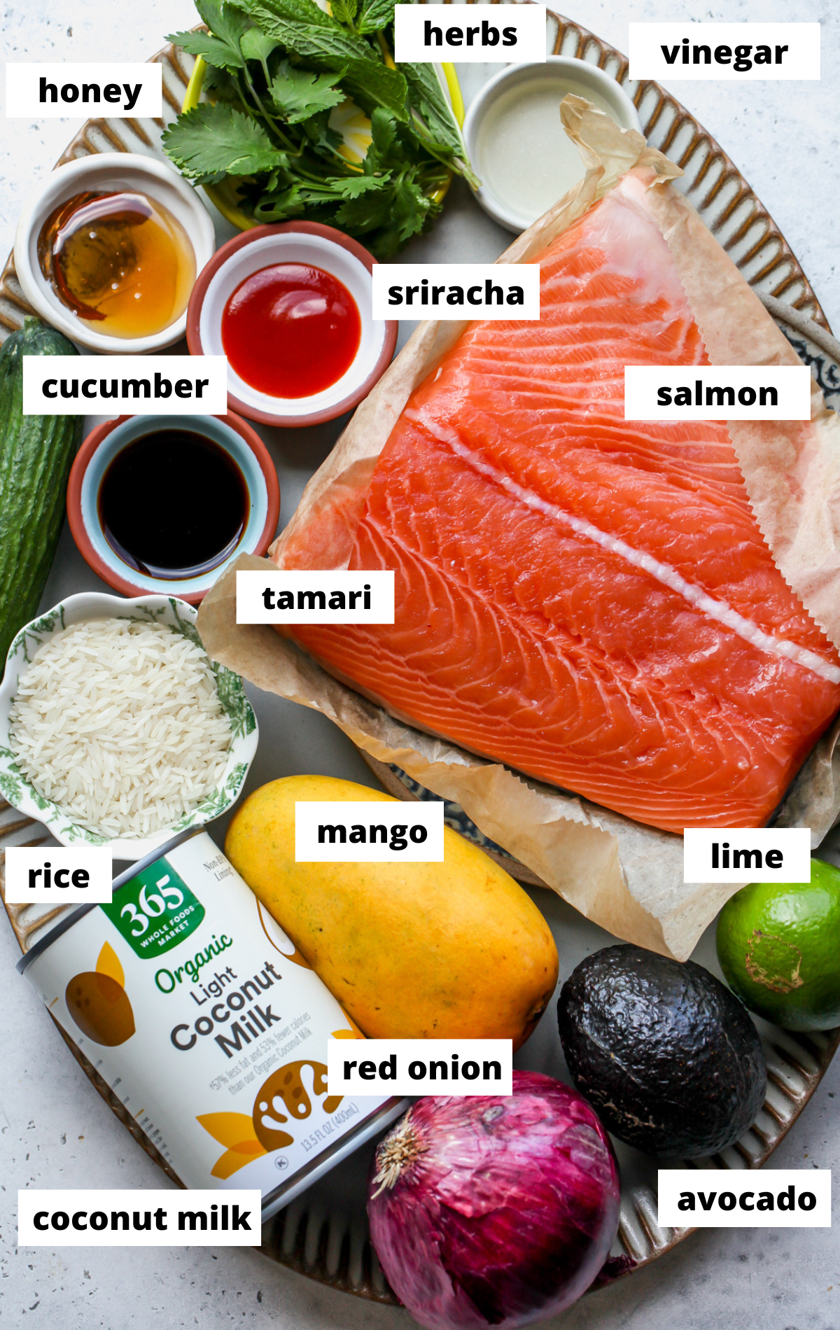 Recipe ingredients arranged on a large scalloped platter with labels.