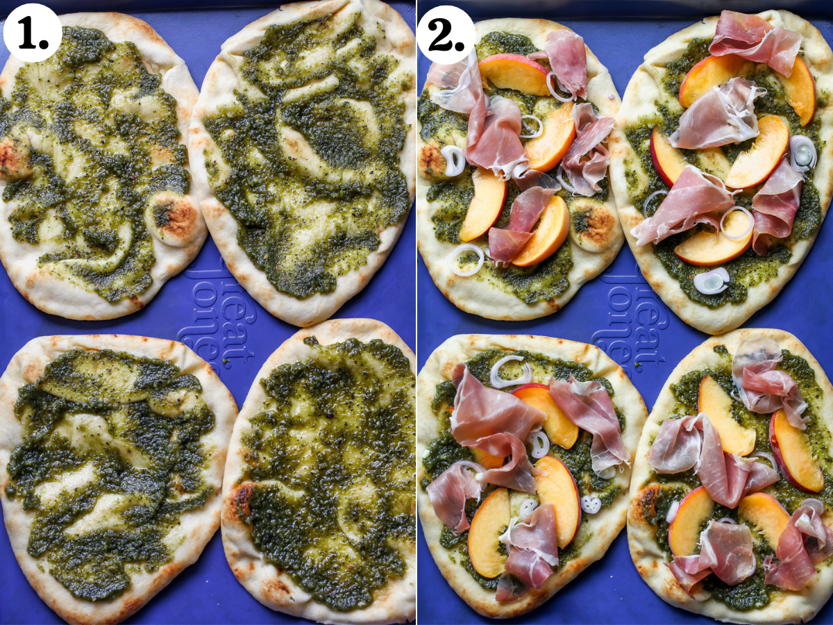 Pesto, peaches, and prosciutto being arranged over pesto on 4 breads arranged on a baking sheet.