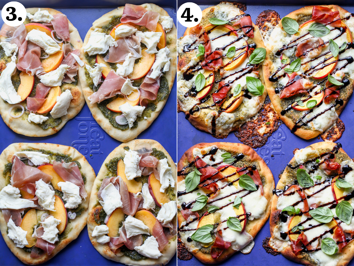 Torn mozzarella added to naan breads before baking, and balsamic drizzled overtop after baking.