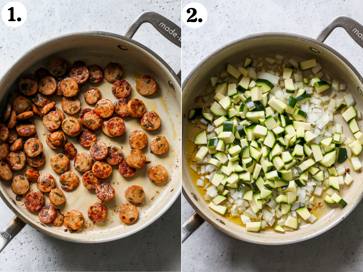 Chicken sausage being sautéed in a skillet, and diced onion and zucchini being added to pan.