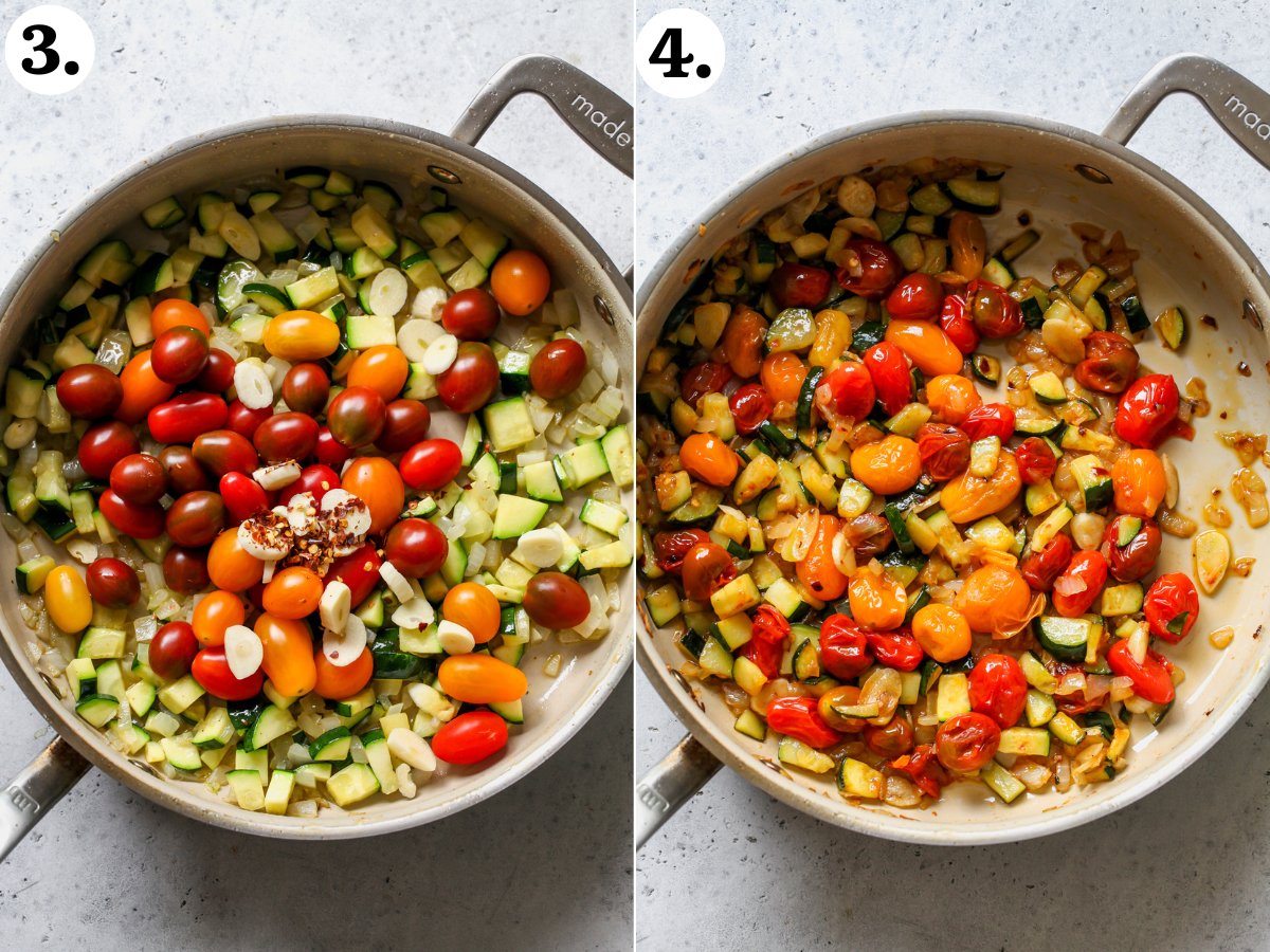 Cherry tomatoes, garlic, and chili flakes added to a pan of aromatics and cooked down until jammy.
