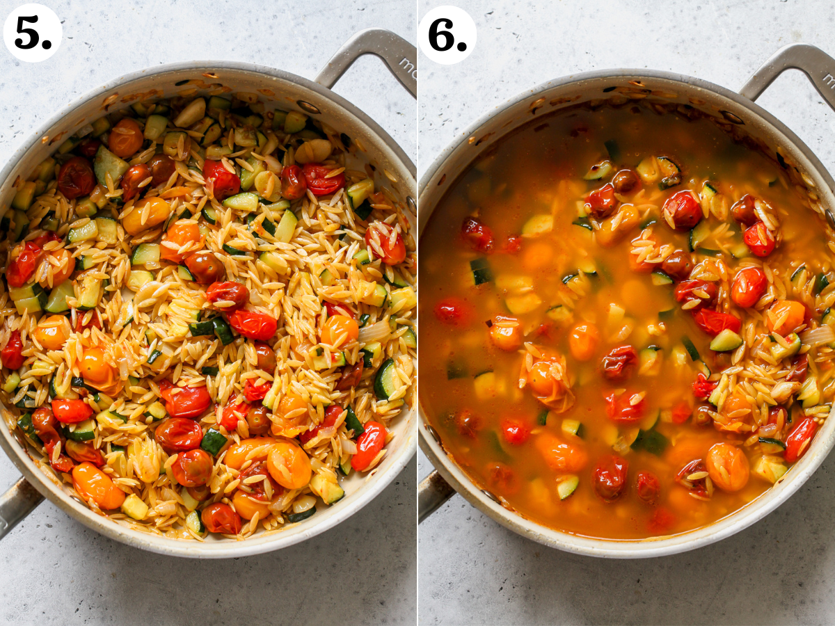Orzo and broth being added to a pan of sautéed tomatoes, zucchini, and onion.