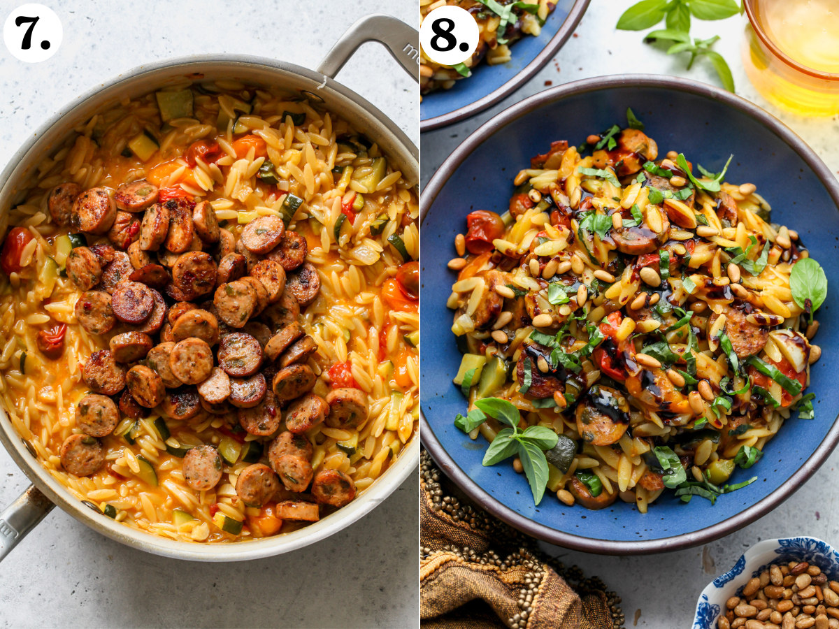 Cooked chicken sausage being added back to a pan of cooked orzo, and orzo mixture spooned into blue bowls.