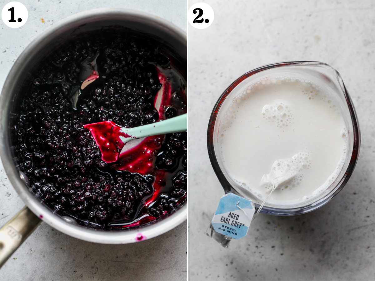 Wild blueberry compote being mixed in a saucepan, and Earl Grey steeped almond milk in a large liquid measuring cup.