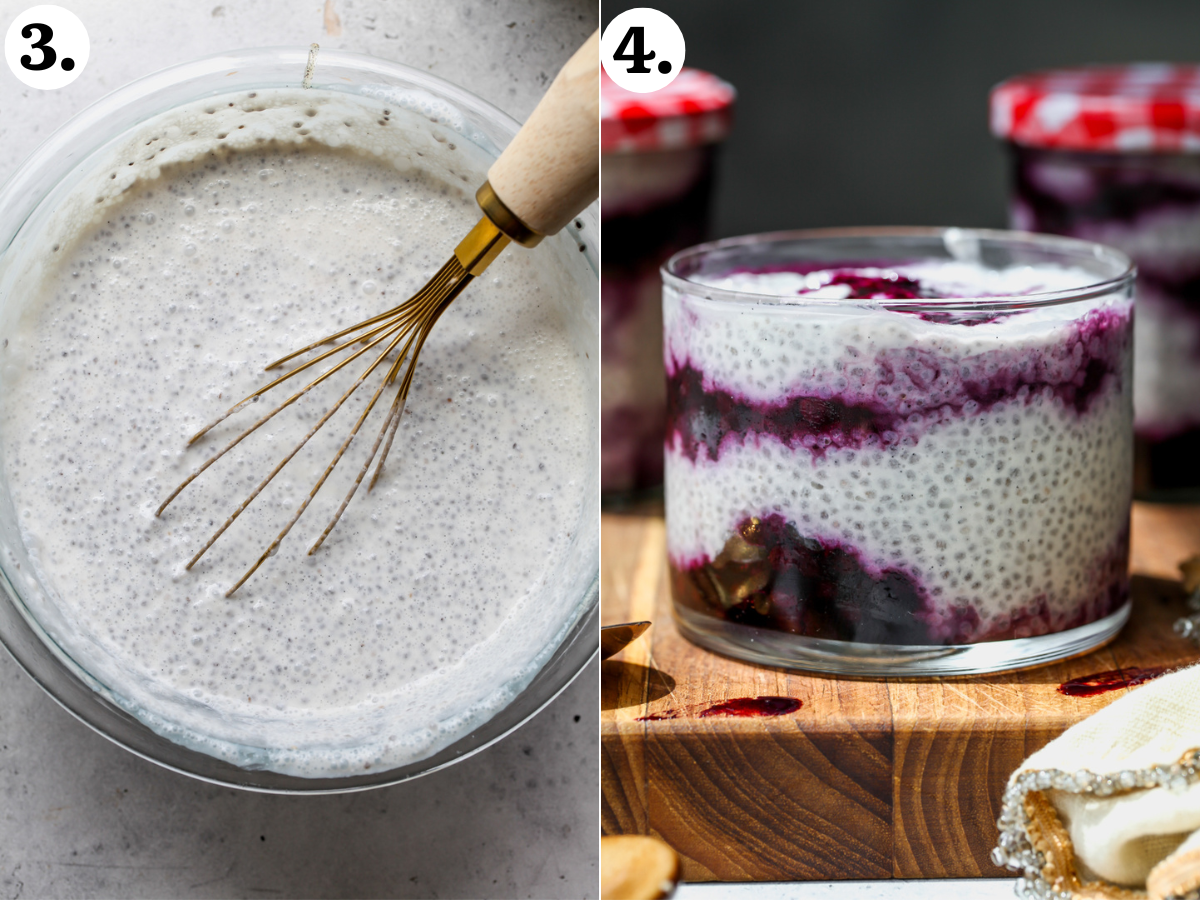 Chia mixture being whisked in a bowl, and layered in glass jars with blueberry mixture.
