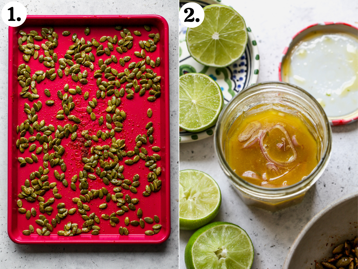 Pepitas being roasted on a small pink baking sheet, and honey-lime dressing combined in a small glass jar.
