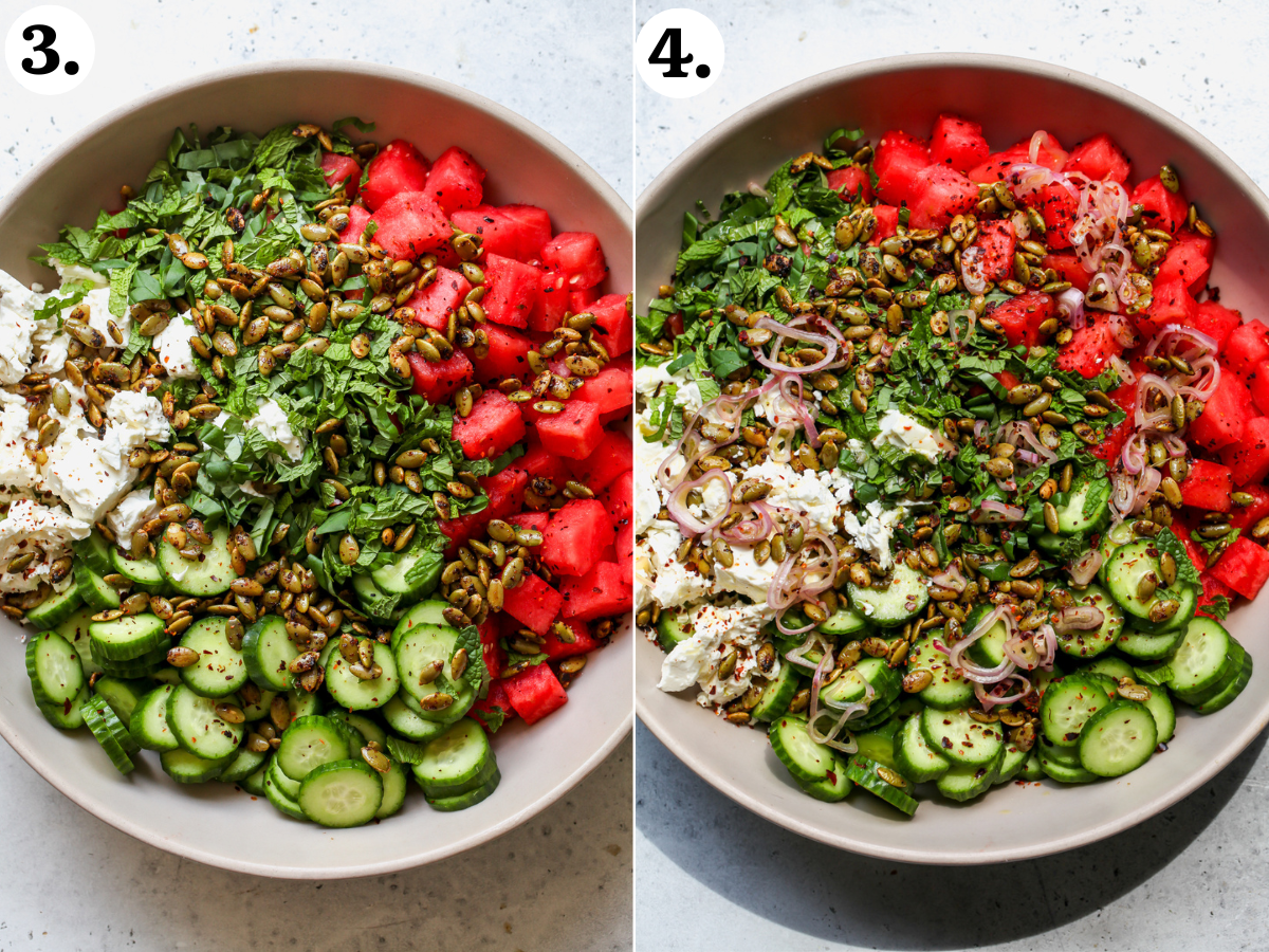 All of the salad components assembled in a large serving bowl, and honey-lime dressing poured overtop.