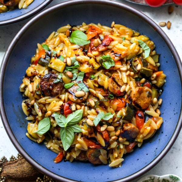 One Pan Chicken Sausage Orzo with Burst Tomatoes