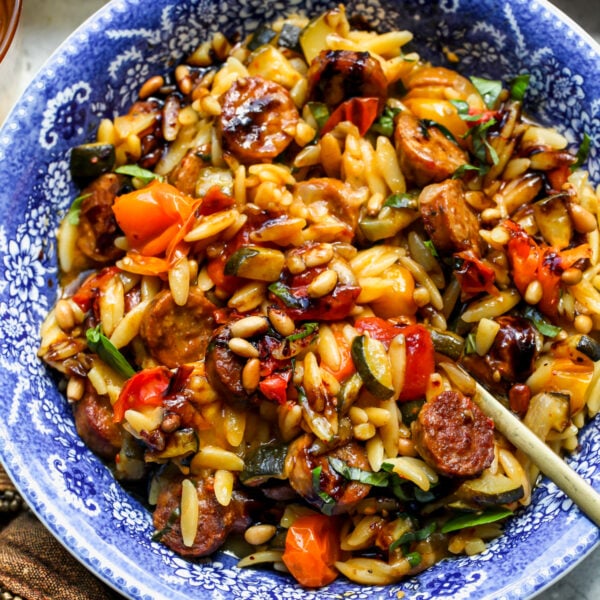 One Pan Chicken Sausage Orzo with Burst Tomatoes