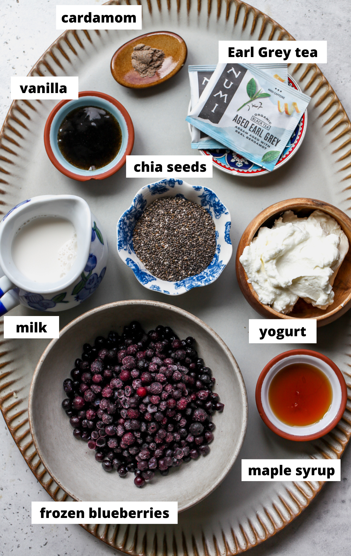 Recipe ingredients arranged on a large scalloped platter with labels.