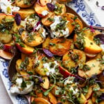 Crispy Potato Salad with Peaches and Charred Scallion Dressing