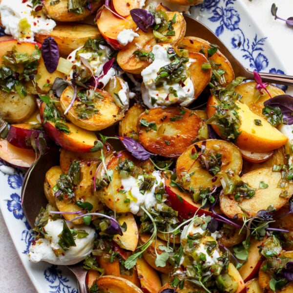Crispy Potato Salad with Peaches and Charred Scallion Dressing