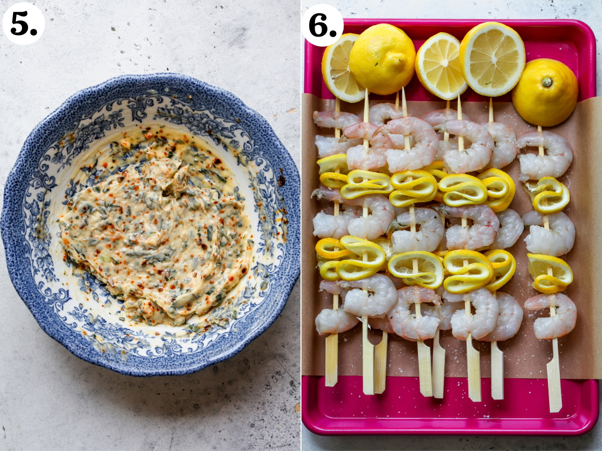 Tarragon butter being mixed in a blue and white floral bowl, and shrimp and lemon slices being threaded on wooden skewers.