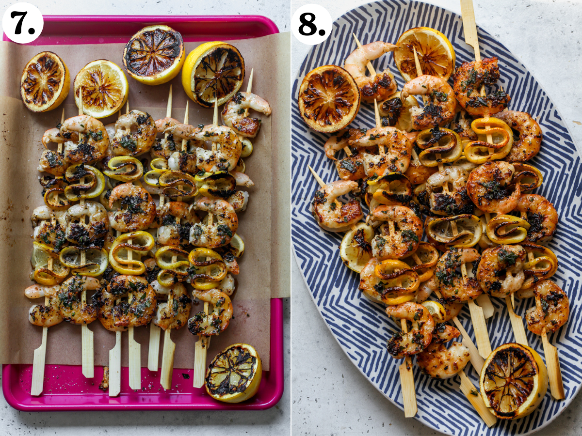 Lemon Tarragon Butter Shrimp Skewers after being grilled on a tray with grilled lemons.