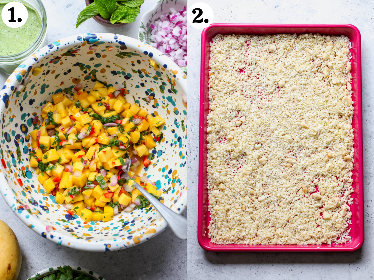 Mango salad being mixed in a speckled mixing bowl, and coconut-macadamia mixture spread out on a pink rimmed baking sheet.
