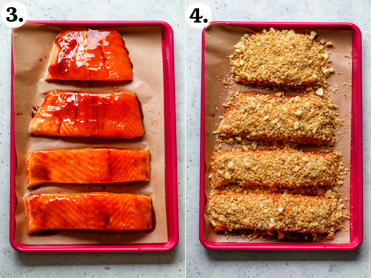 Four salmon fillets coated in a honey-paprika mixture followed by a coconut-macadamia crust.