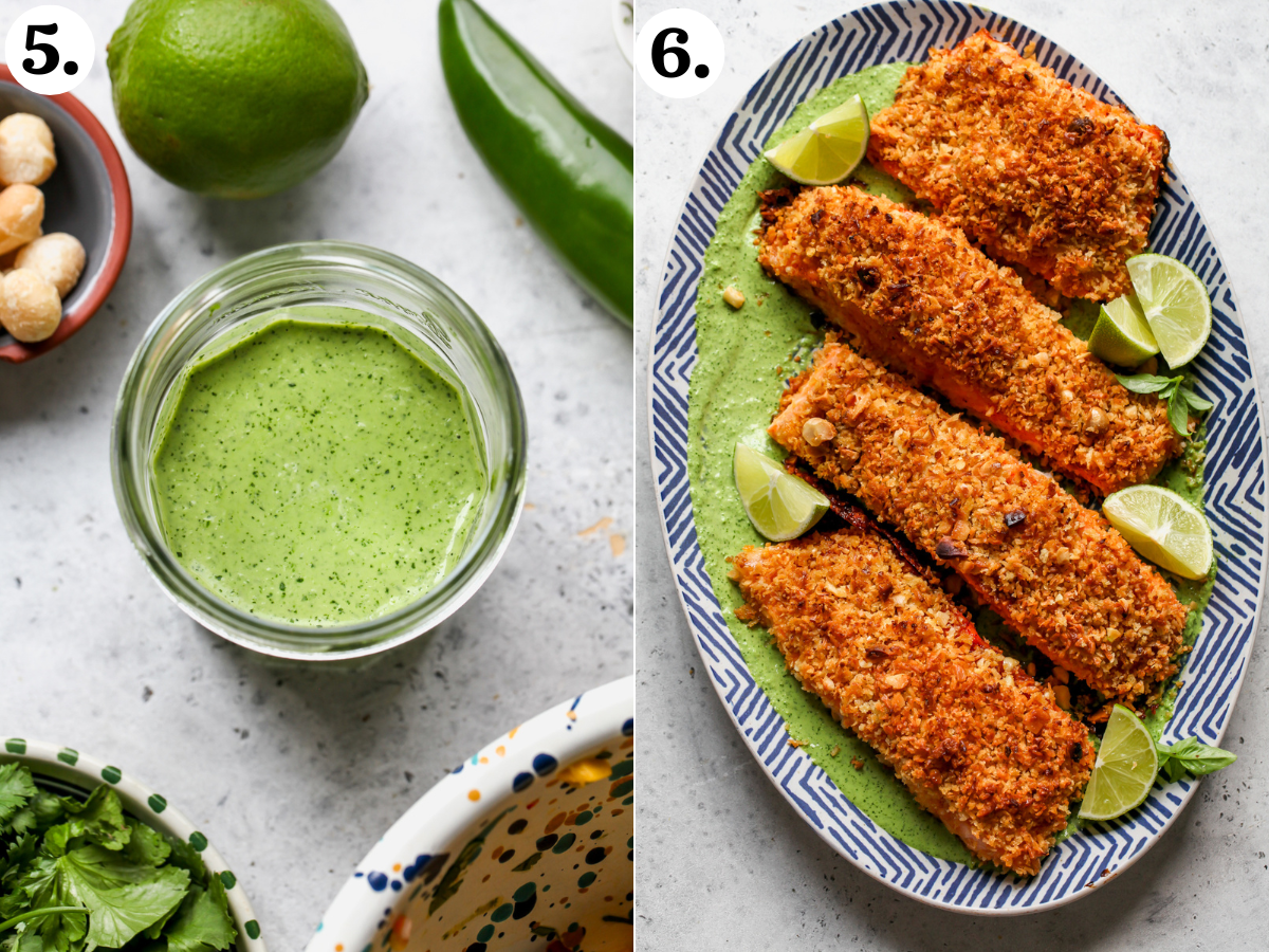 Creamy basil sauce in a small glass jar, and salmon fillets arranged on a platter after baking.