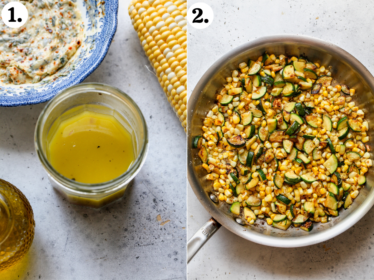 Dressing being mixed in a jar, and sautéed zucchini and corn in a large skillet.