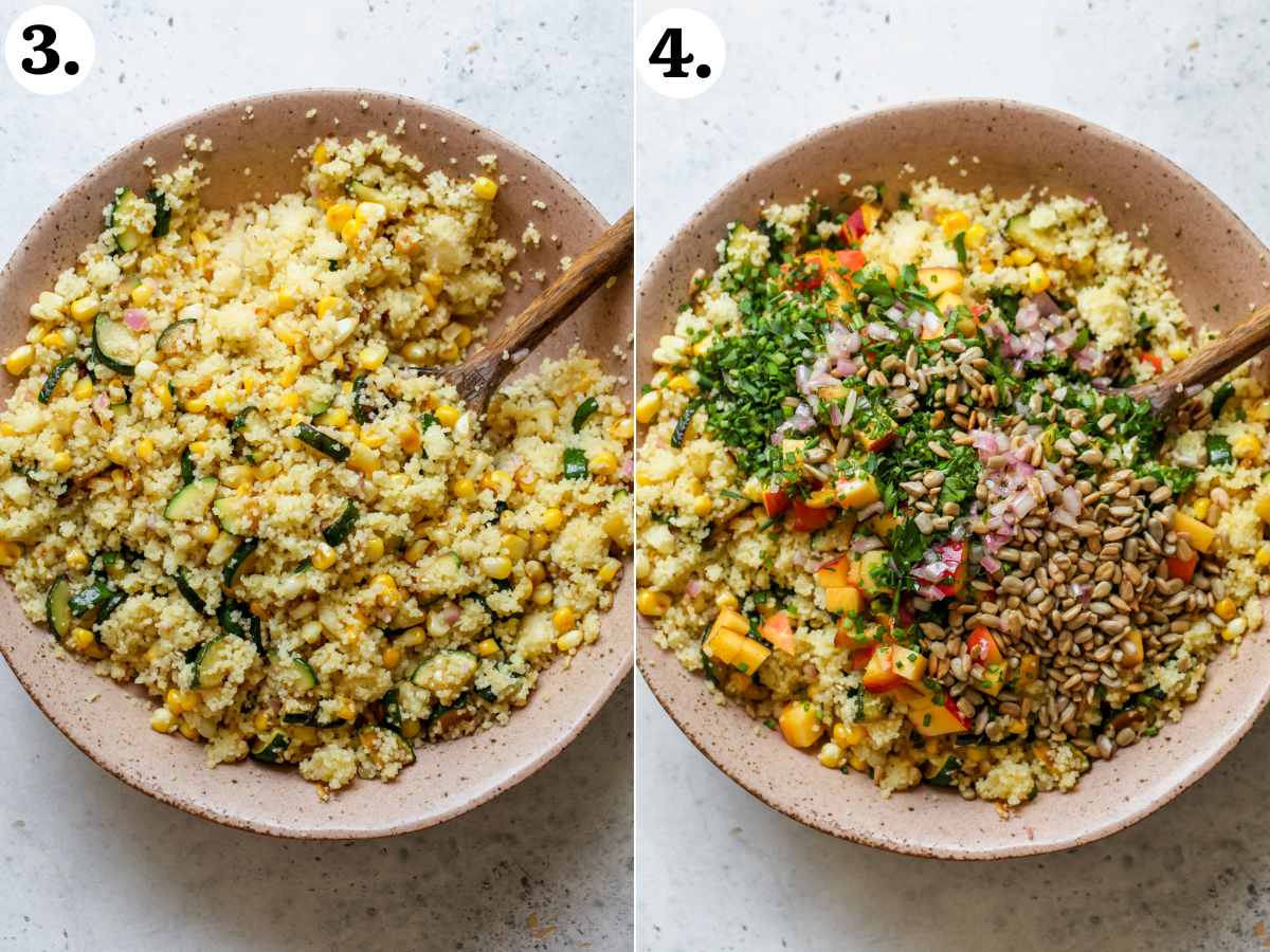 Summer couscous salad being mixed in a large pink serving bowl.