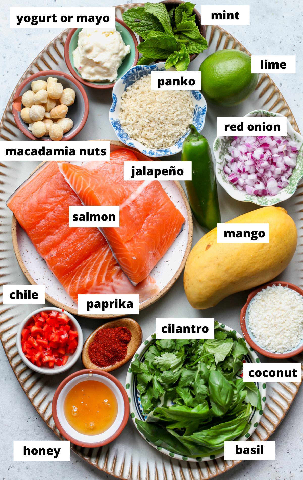 Recipe ingredients arranged on a large scalloped platter with labels.