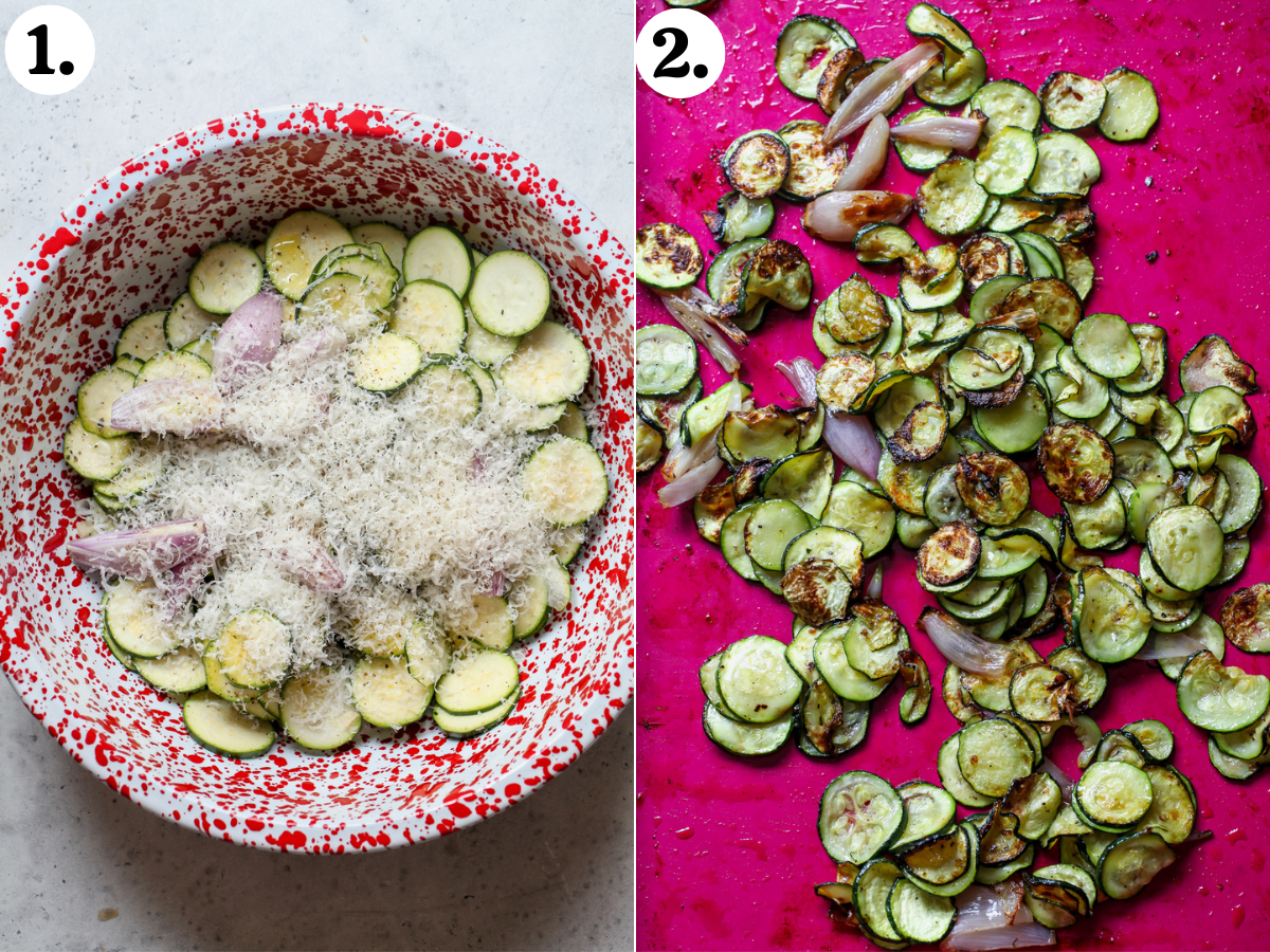 Sliced zucchini being tossed with Parmesan and olive oil, and roasted on a large pink baking sheet.