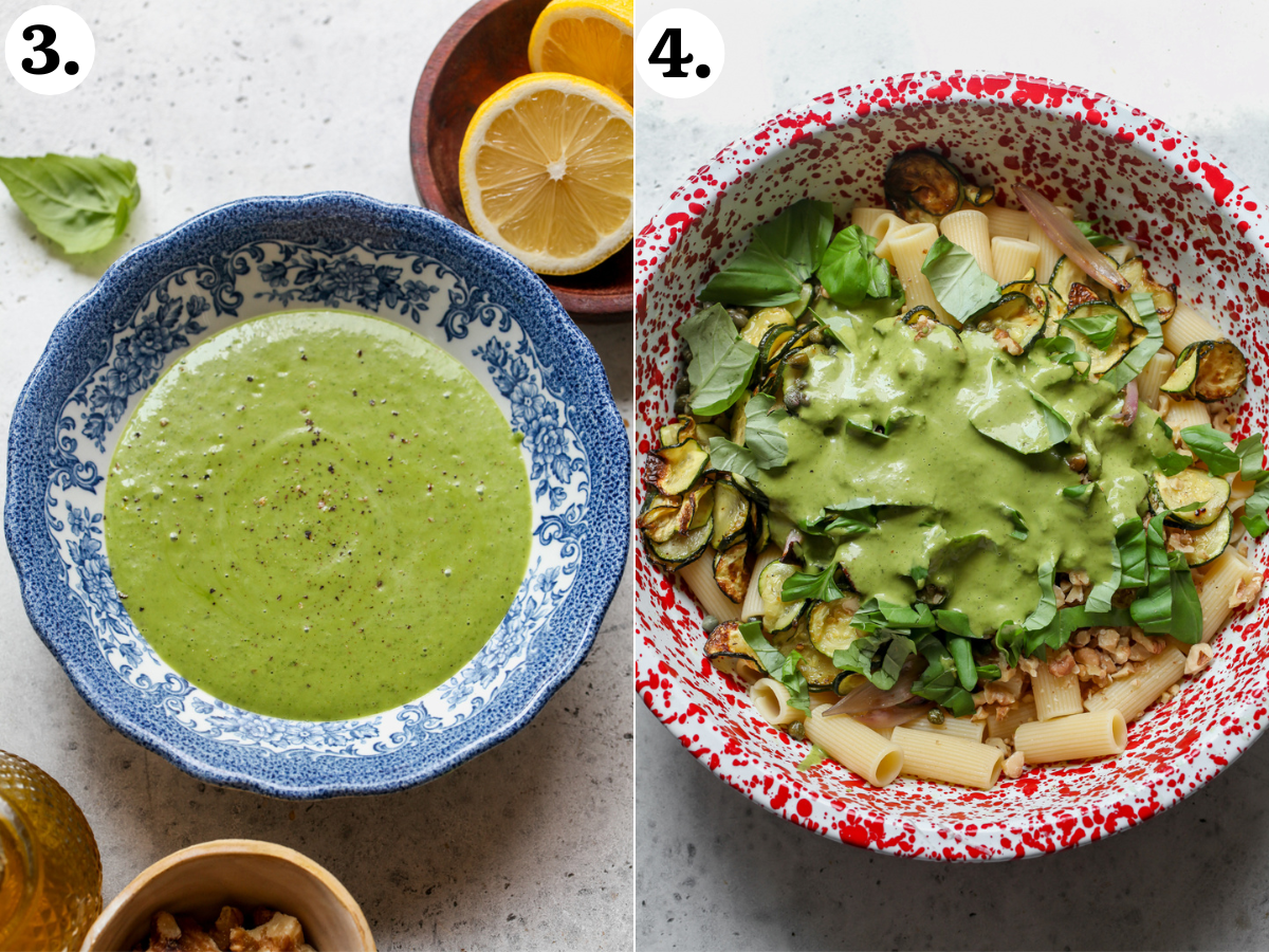 Blended basil vinaigrette in a white and blue bowl, and pasta salad components combined in a large red and white speckled bowl.