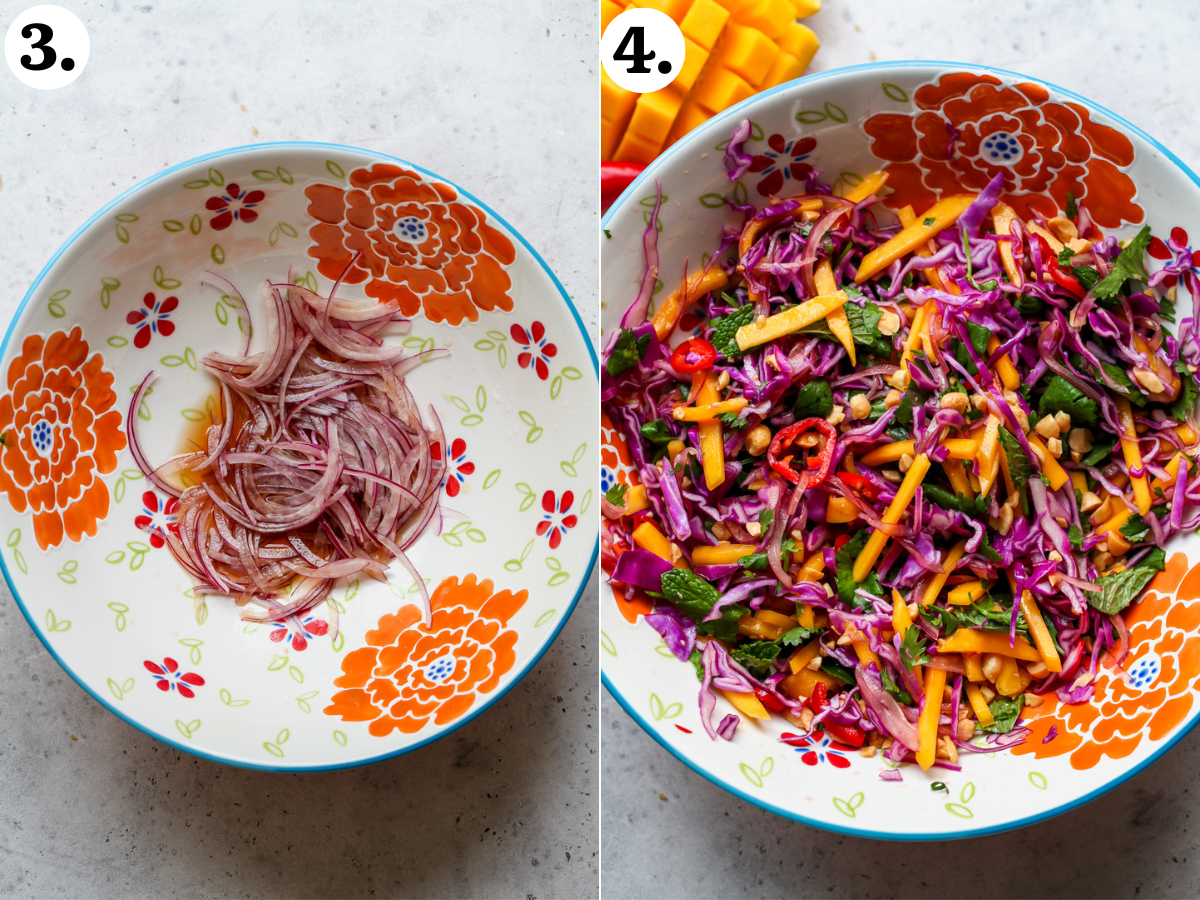 Red onions being pickled in a mixing bowl, and all mango slaw ingredients being added and mixed.