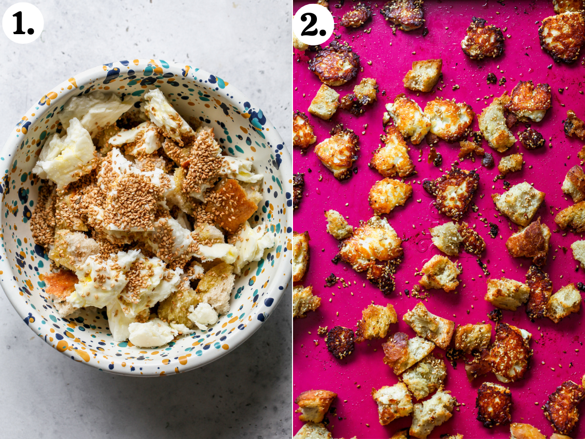 Bread and halloumi chunks tossed in oil and sesame seeds and baked until golden and crisp on a pink baking sheet.