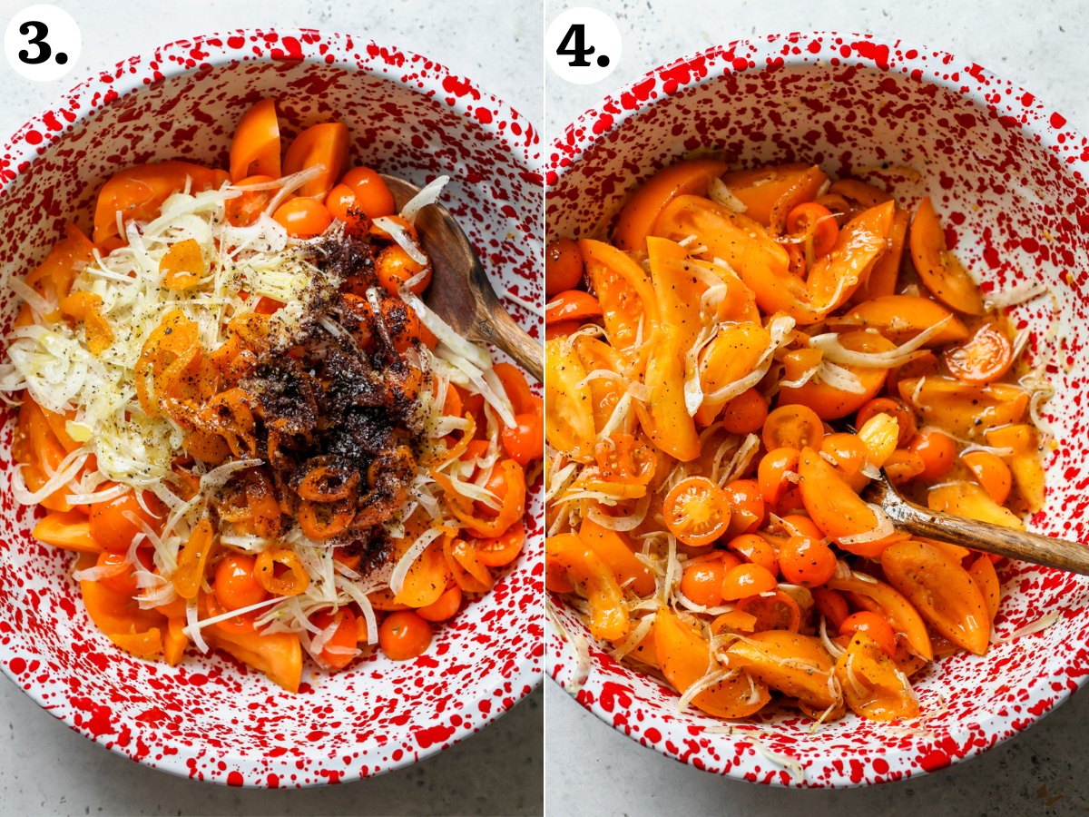 Tomatoes, fennel, peppers, and spices combined with vinegar and oil in a large red speckled mixing bowl.