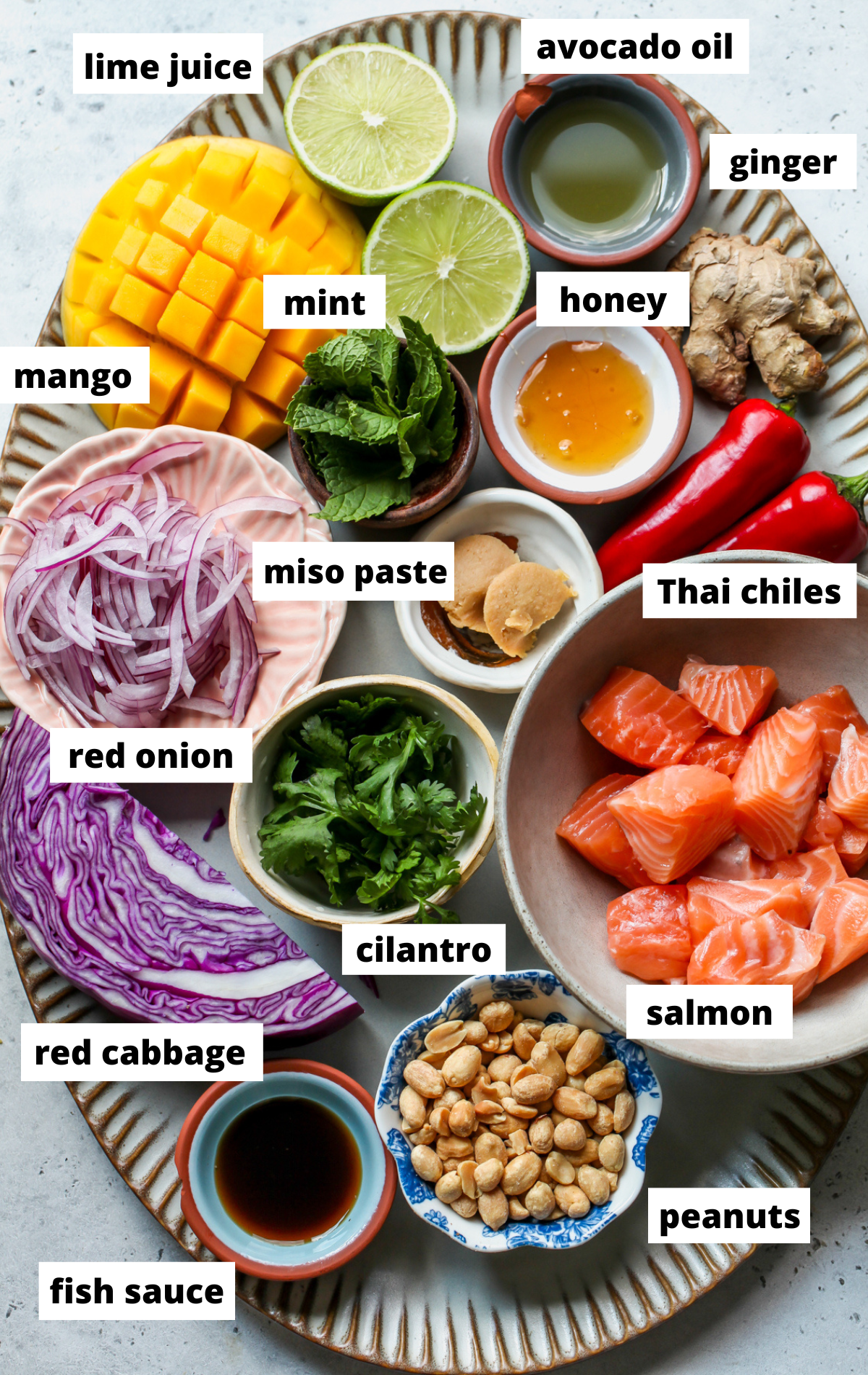 Recipe ingredients arranged on a large scalloped platter with labels.