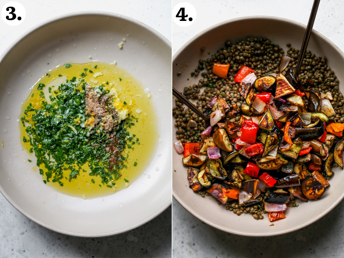Lemon-parsley dressing being mixed in a large serving bowl, and lentil and roasted veggies being mixed in.