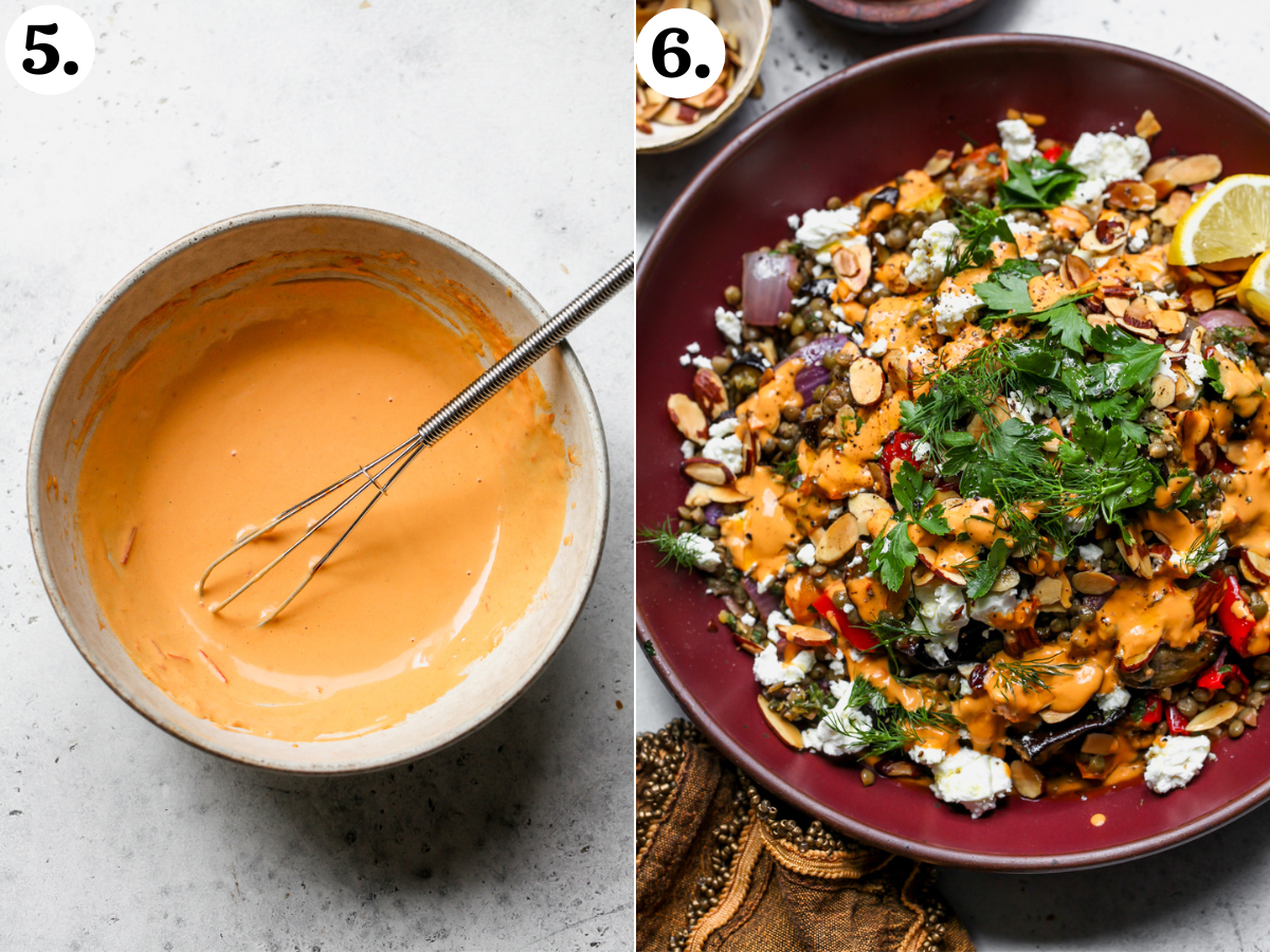 Harissa-tahini being mixed in a small bowl, and lentil salad being assembled in a maroon serving bowl.