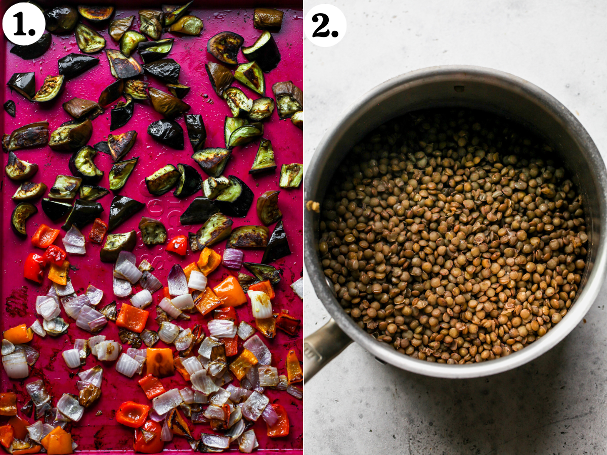 Eggplant, bell peppers, and red onion roasting on a pink baking sheet, and lentils being boiled in a pot.