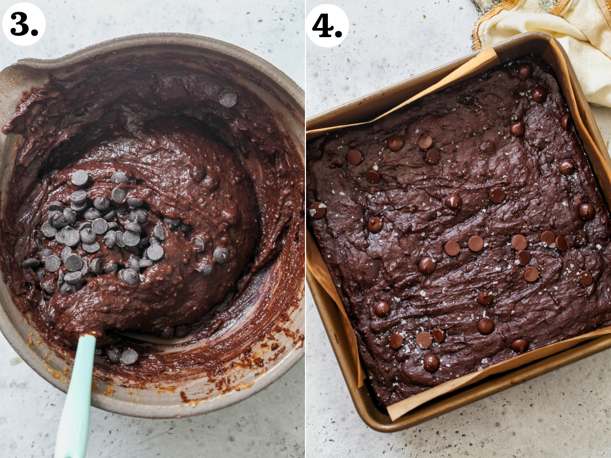 Chocolate chips being folded into brownie batter and the batter transferred to an 8x8-inch baking dish for baking.
