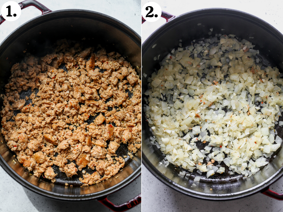 Sausage being browned in a pot, and onion and aromatic mixture being cooked down until softened.