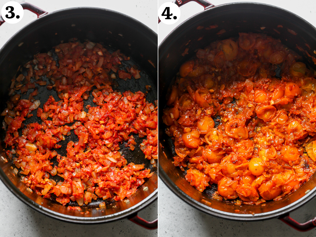 Tomato paste and tomatoes added to a pot and cooked until the tomatoes burst.