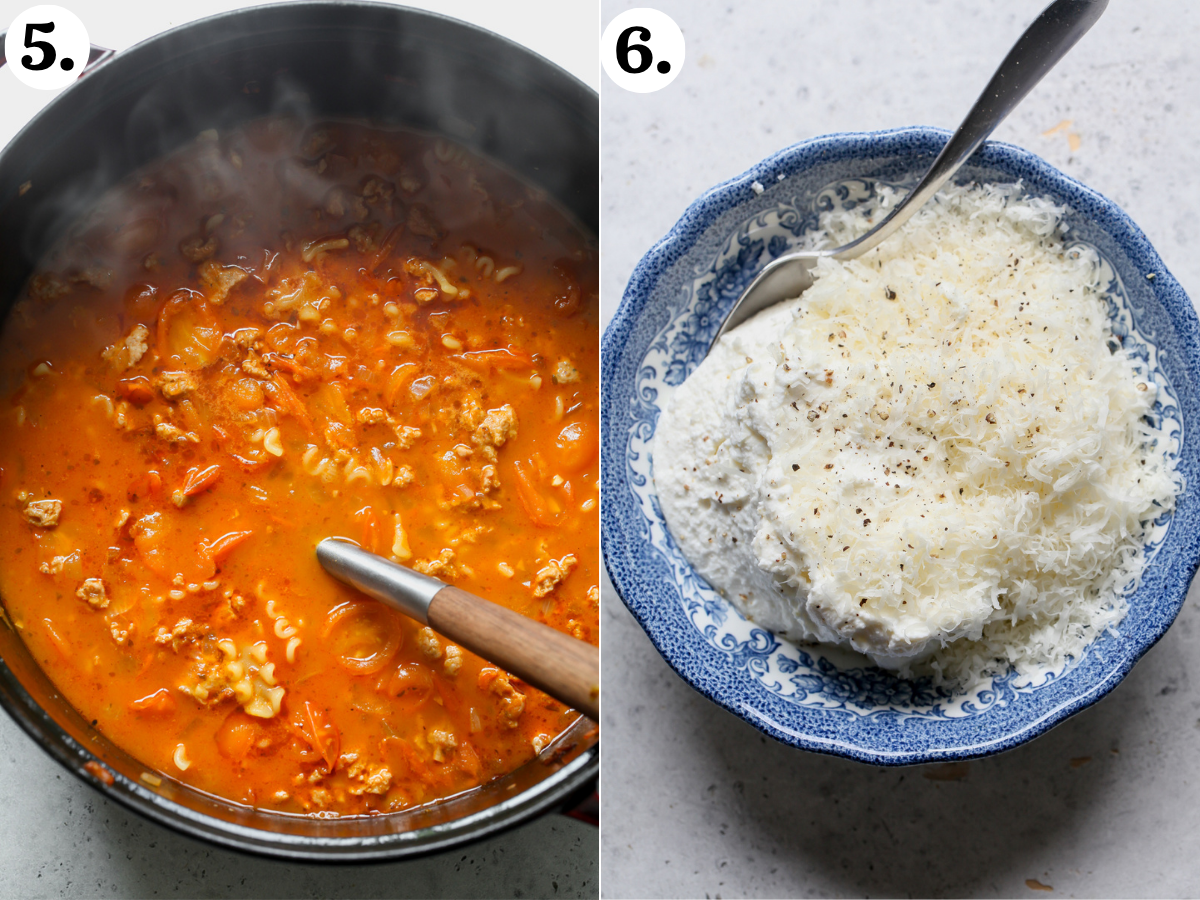 Broth and noodles being added to a soup pot, and ricotta-Parmesan mixture being combined in a small blue and white floral bowl.