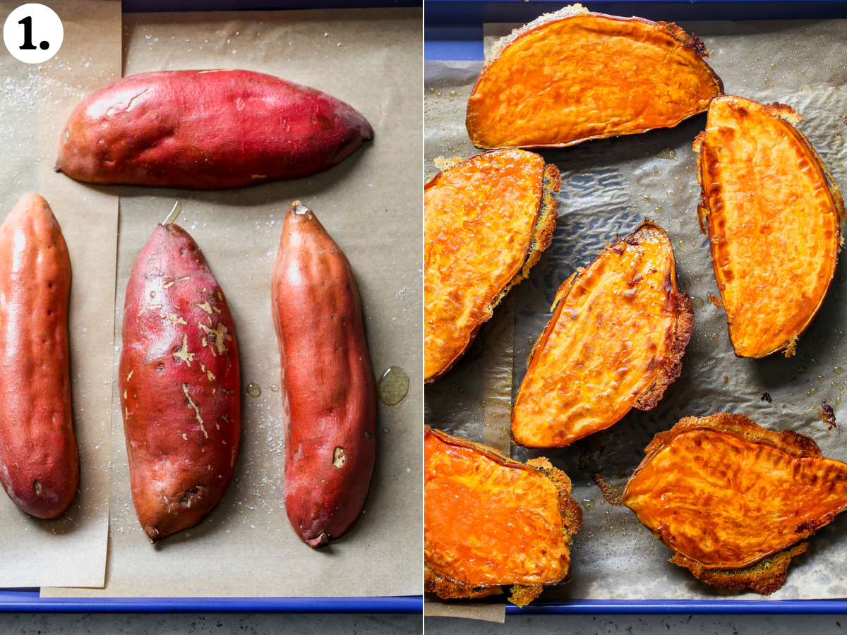 Halved sweet potatoes being roasted on a blue baking sheet until tender and caramelized.