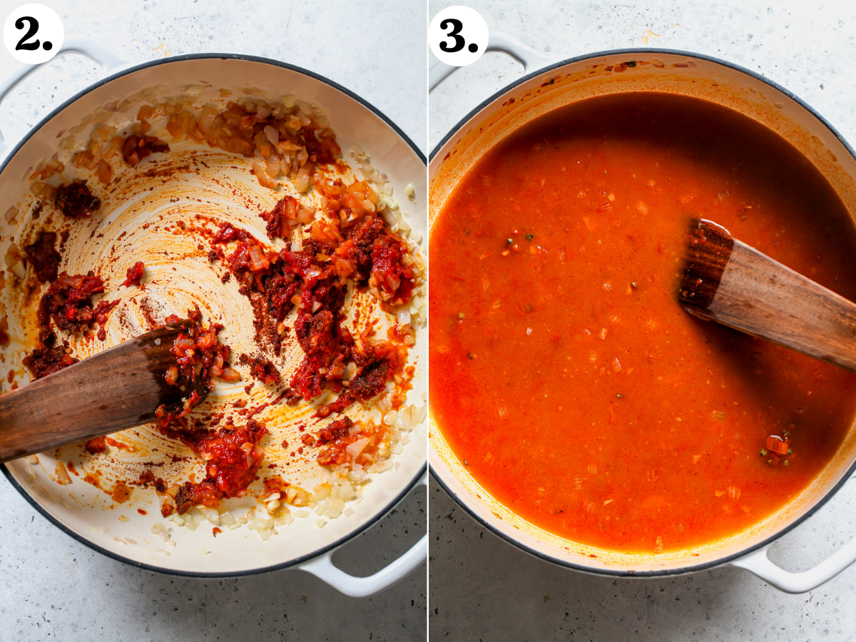 Aromatics, tomato paste, lentils, and broth being simmered in a pot.