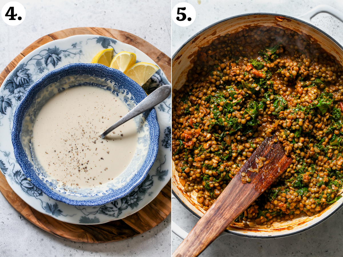 Lemony tahini being mixed in a blue and white bowl, and chopped kale being mixed into a pot of lentils.