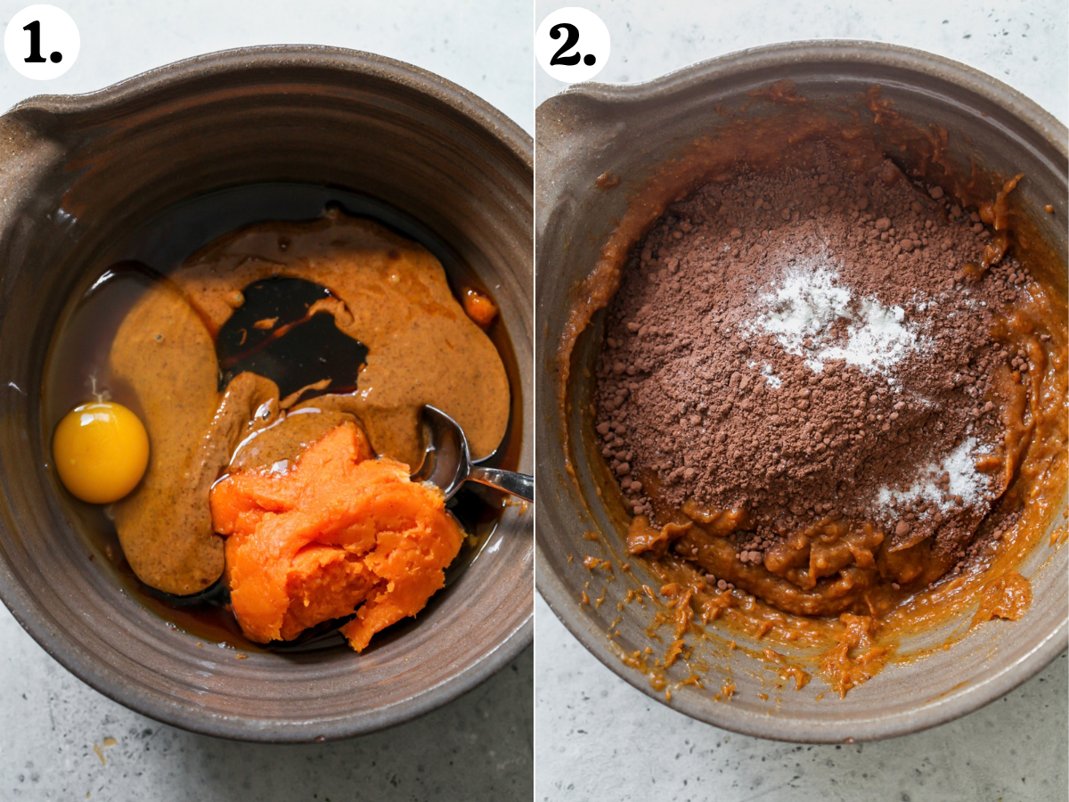 Wet ingredients (sweet potato, almond butter, maple syrup, egg, and vanilla) being whisked together in a bowl, and dry ingredients added in.