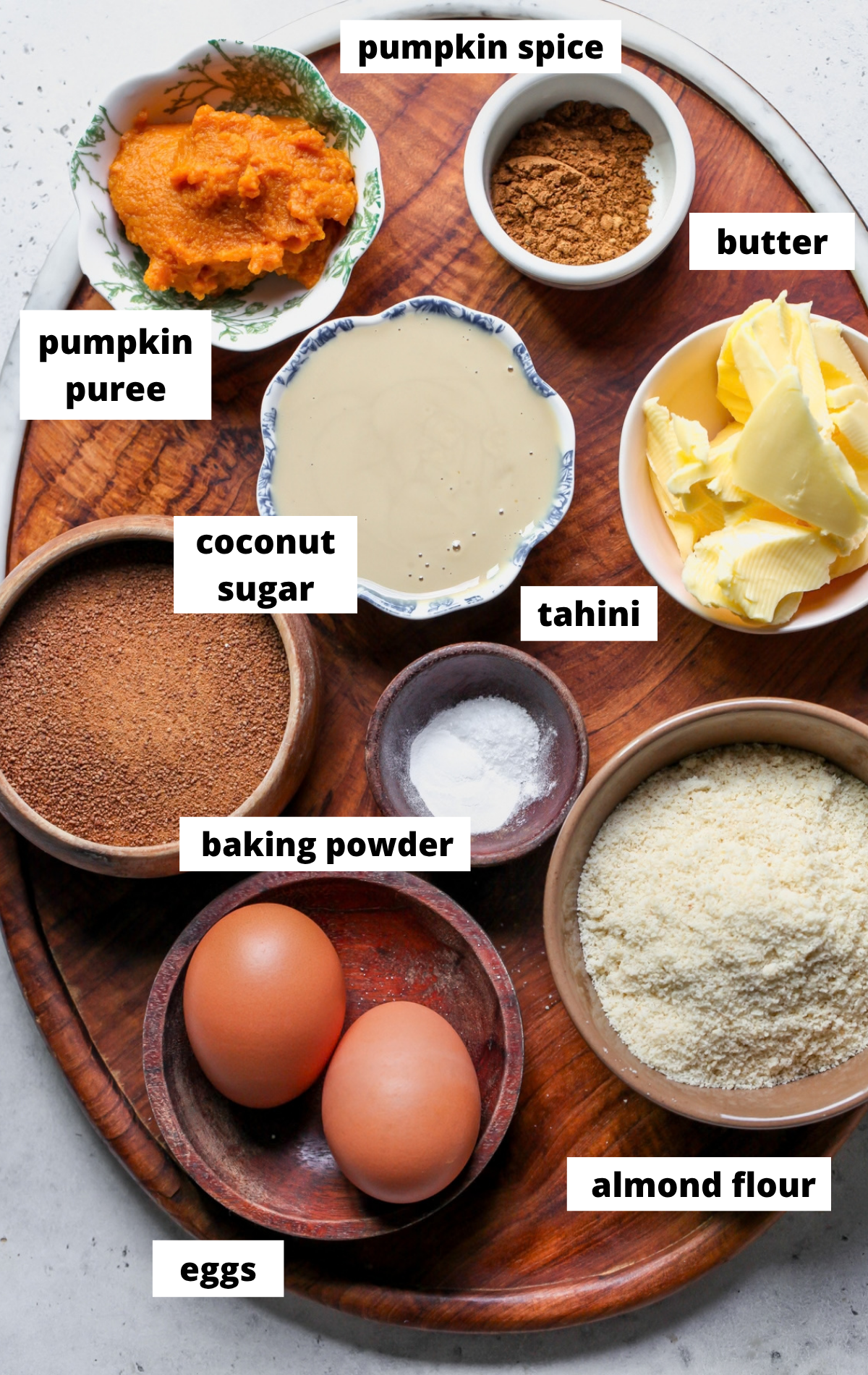 Recipe ingredients arranged on a large scalloped platter with labels.