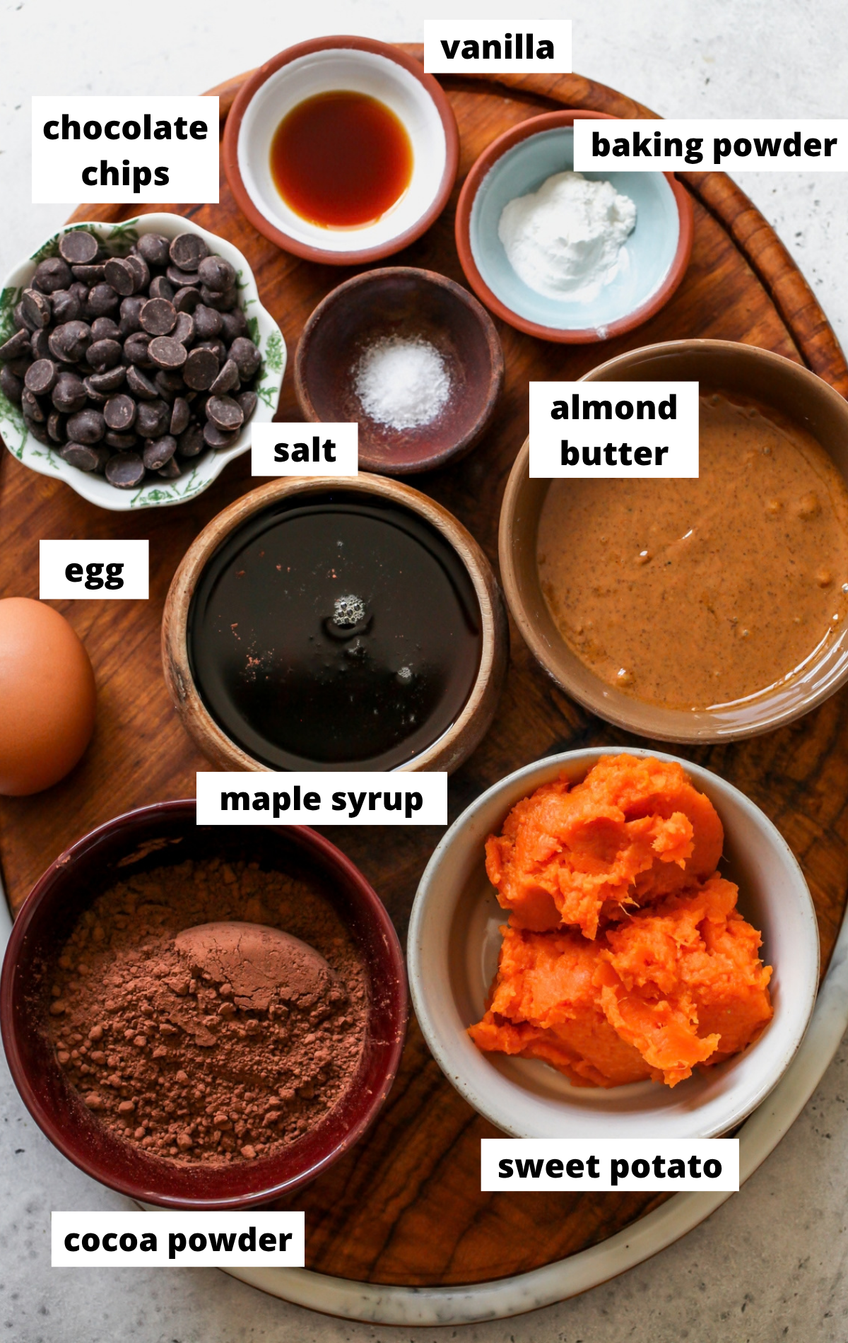 Recipe ingredients arranged on a large scalloped platter with labels.