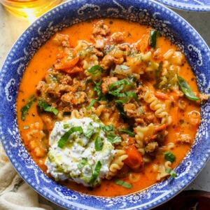 Sungold Tomato Lasagna Soup with Pesto Oil