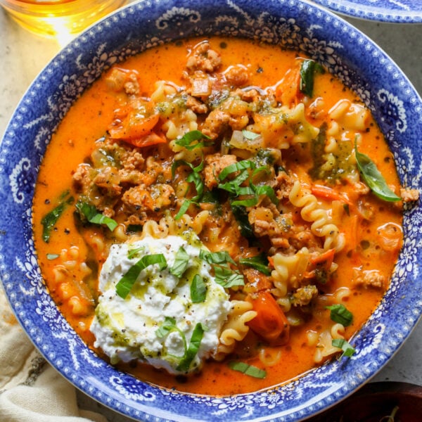 Sungold Tomato Lasagna Soup with Pesto Oil