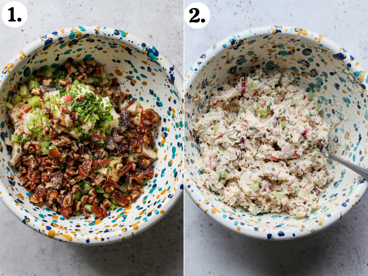 Tuna, pecans, apple, celery, dates, chives, and mayo mixture being mixed in a speckled mixing bowl.