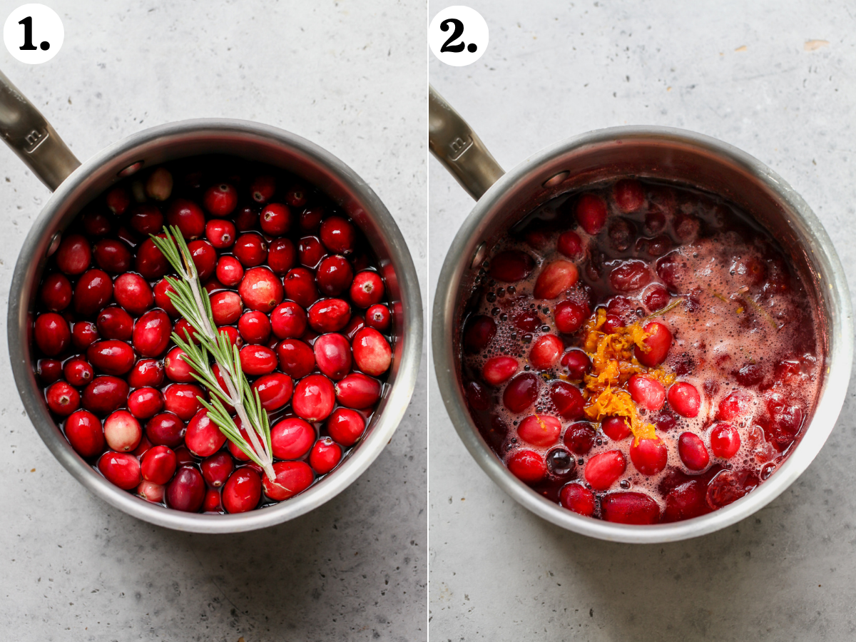 Whole cranberries and rosemary being simmered in a pot with orange and maple syrup.
