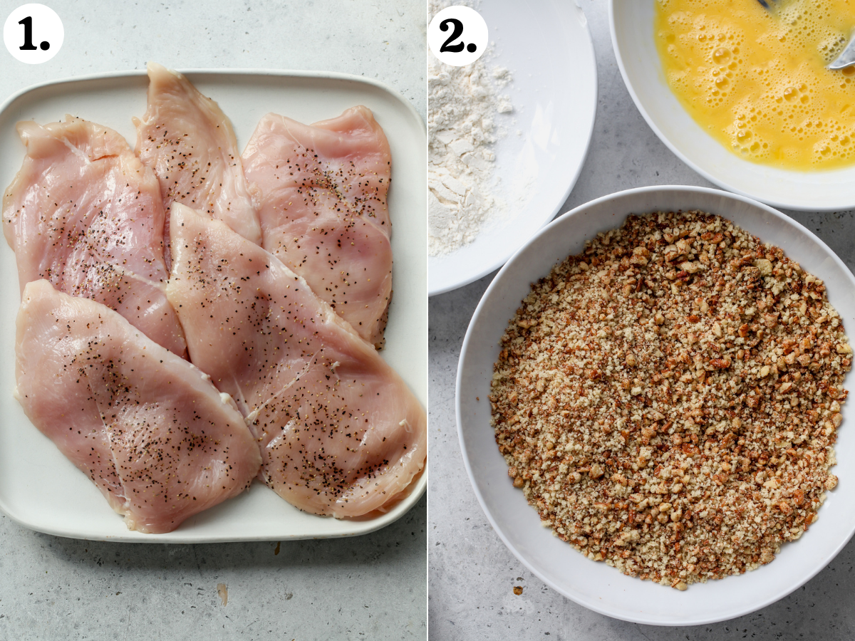Thin chicken cutlets on a plate seasoned with salt and pepper, and three wide-rimmed white bowls filled with whisked egg, flour, and pecan-panko mixture.