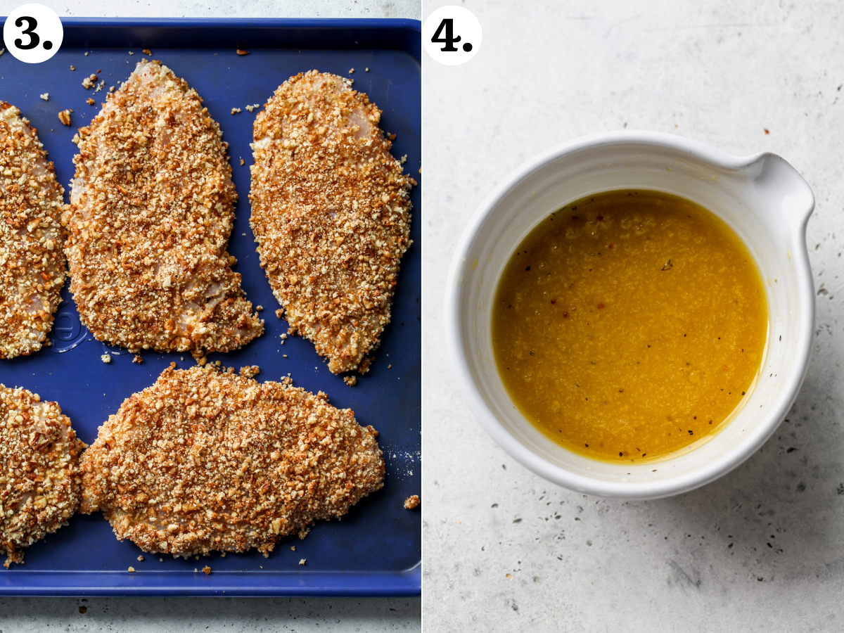 Chicken cutlets coated in panko-pecan mixture arranged on a blue baking sheet, and Dijon-dressing whisked until emulsified in a small white bowl.