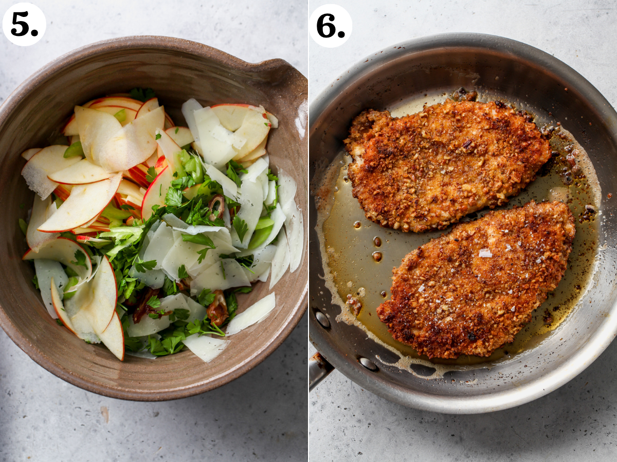 Apple-celery salad being mixed in a large brown bowl, and chicken cutlets being pan-fried until golden and crisp in a skillet.